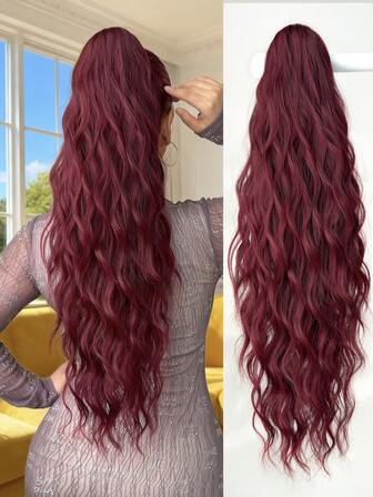 Wine Red Claw Ponytail Extension Hair Accessory 26 Inch Long Elastic Wave Heat-Resistant Fiber Synthetic Ponytail Wig, Suitable For Women's Daily Use