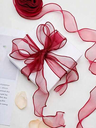 1pc Semi-Transparent Ruffled Organza Ribbon, Suitable For Bouquet Wrapping, Cake Decoration, Weddings, Bows And Ribbon Crafts, Also Applicable For Holiday Parties, Back To School, Valentine's Day And More Occasions