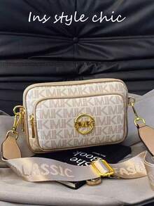 New Fashion Classic Versatile Solid Color PU Waterproof Material, Retro Metal Animal Logo Design Shoulder Bag/Square Bag, Allover Letter Print Decor Multi-Compartment Crossbody Wallet, Zipper Closure Women's Elegant Wallet, Suitable For Shopping, Holiday Gifts, Participating In Favorite Activities - Beige - View 2