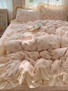 4pcs Floral Bedding Set, Soft & Comfortable Bedroom Linens, Floral Design, Cute Flower & Cartoon Animal Pattern, Breathable & Soft All-Season Bedding Set Including 1 Duvet Cover, 1 Bed Sheet, 2 Pillowcases, No Filling, Suitable For Bedroom, Dorm, Home Use, Multiple Sizes Available - Baby Pink - View 7