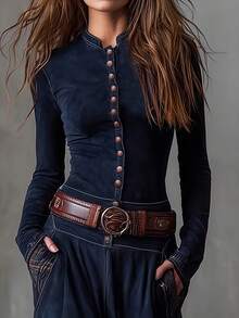 Female  Lady's Autumn Vintage Dress, With Checked Patchwork Design, Exudes A Vintage Charm. It Features Pockets, Buttons And A Belt. Ideal As A Christmas Gift Or For . - 藏青色 - 查看 3