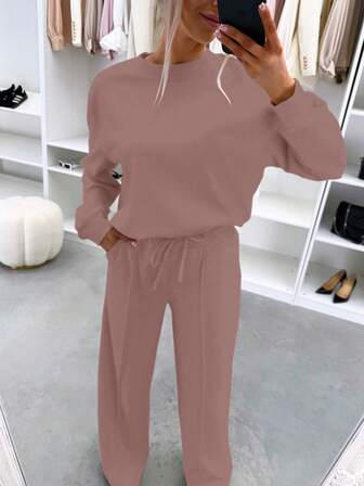 女士时尚休闲家居服两件套 - 圆领长袖上衣 + 松紧腰褶皱阔腿裤