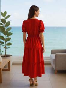 Lizo Short-Sleeved Ruffled Long Dress For Girls 12, 14, And 16, Available In Baby Red, Pink, Green, And Black. - Rojo - Ver 2