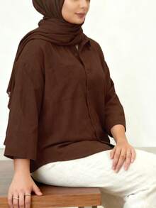 女士圣诞节纽扣衬衫，女士秋季衬衫，春季上衣，圣诞节上衣，新年上衣，优雅上衣，休闲上衣，度假上衣 - 棕色 - 查看 4