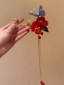 1pc Chinese Style Red Plum Blossom & Butterfly Faux Pearl Tassel Hair Clip, Bridal Headpiece For Cheongsam/Qipao, Wedding, Bun Extension, Hair Styling Pins - Multicolor - View 4