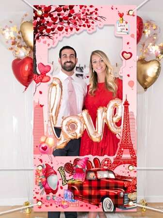 1件情人节相框，情人节挂饰，浪漫粉色小矮人派对拍照背景，结婚周年纪念派对装饰