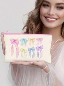 Multi-Piece Cute Sweet Bowknot Canvas Zipper Bags, Cosmetic Bags, Stationery Bags, Y2K Style Bowknot Makeup Bags, Jewelry Pouches, Snack Bags, Pen Cases, Travel Cosmetic Organizer Bags, Party Gift Bags, Multi-Functional Organizer Bags, Portable Clutches With Zippers For Lipstick, Brushes, Phones, Coins, Home, Travel, Beach, Pool, Party, School Use, Home Decor Bathroom Living Room Organizer Set - Beige - View 10