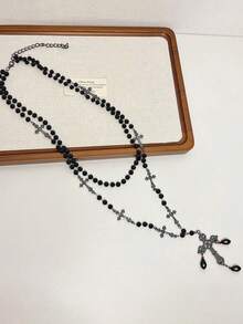 rundraw 1pc Gothic Style Ascension Day Cross Beaded Tassel Necklace, Black Resin Metal Material Personalized, Suitable For Women Party & Everyday Wear - Black - View 5