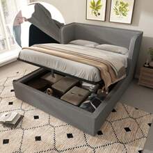 Upholstered Double Bed 160x200 With Hydraulic Storage, Black Frame With Slatted Base, Wide Side Panels And Removable Grey Linen Cover (Mattress Not Included) - Grey - View 1