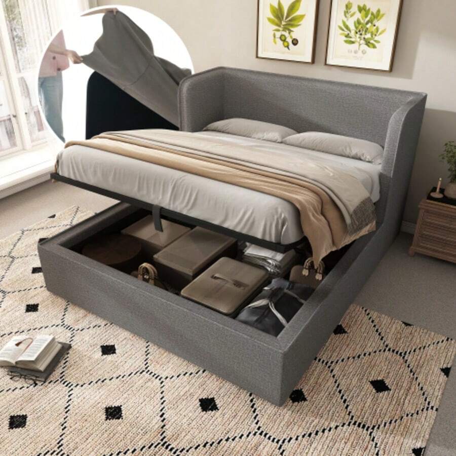 Upholstered Double Bed 160x200 With Hydraulic Storage, Black Frame With Slatted Base, Wide Side Panels And Removable Grey Linen Cover (Mattress Not Included) - Grey - View 1