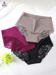 3pcs/Set Women's Mixed Color Panties, Lace Patchwork Briefs