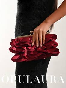 OpulAura 女士优雅迷人花瓣宴会手拿包，荷叶边设计，正式晚宴包，适合婚礼/度假/正式派对/盛会，配有链条肩带，花瓣形状随机 - 酒紅色 - 查看 9