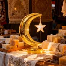 Uma luminária dourada em formato de lua para o Ramadã, uma luminária decorativa para uma noite estrelada durante o Ramadã, adequada para decoração externa de casa, quarto e para criar um ambiente festivo durante o Eid Al Fitr (pilhas não incluídas).