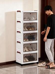 1pc Foldable Wardrobe Organizer Box, (38cm-58cm Wide) Plastic Storage Cabinet With Flip Cover, Portable Home Closet, Living Room Toy Cabinet, Snack Cabinet Organizer, Kitchen Floor Standing Rack, Christmas & Halloween Gift, Bathroom Tissue Paper Storage Box, Bedroom Storage Rack, Collapsible Shoe Rack - 透明 - 查看 7