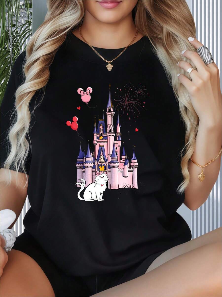 Disney Castle Mickey Mouse Balloons Cat T-Shirt Women's Casual Cartoon Print Top Summer Fashion White ShirtWomen's T-Shirt With Round Neck And Short Sleeves, Disney Theme Fun Printing, Suitable For Christmas Partysports Activitiesholiday PartiesoutingsNew Year Gift Sports And Other Holiday Gifts (220g). - 黑色 - 查看 1