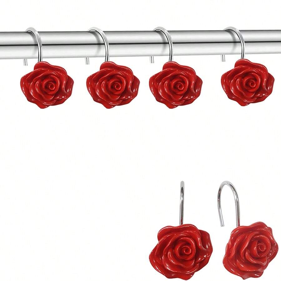 12pcs Rust-Proof Decorative Vintage Resin Rose Shower Curtain Hooks, Suitable For Bathroom, Nursery, Bedroom, Living Room - Red - View 1
