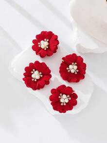 4pcs/Set Flower Hair Clips For Little Girls - Red - View 5
