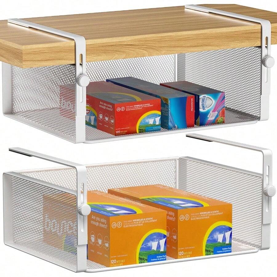 2 paquetes de cestas organizadoras ajustables para debajo del estante, soporte colgante para armario, despensa, cocina, gabinete, escritorio, estantería, ahorro de espacio, resistente, color blanco grande - Blanco - Ver 1