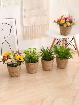 1pc-3pcs Grass Woven Flower Pot, Green Plant Bouquet, Planting Flower Pot