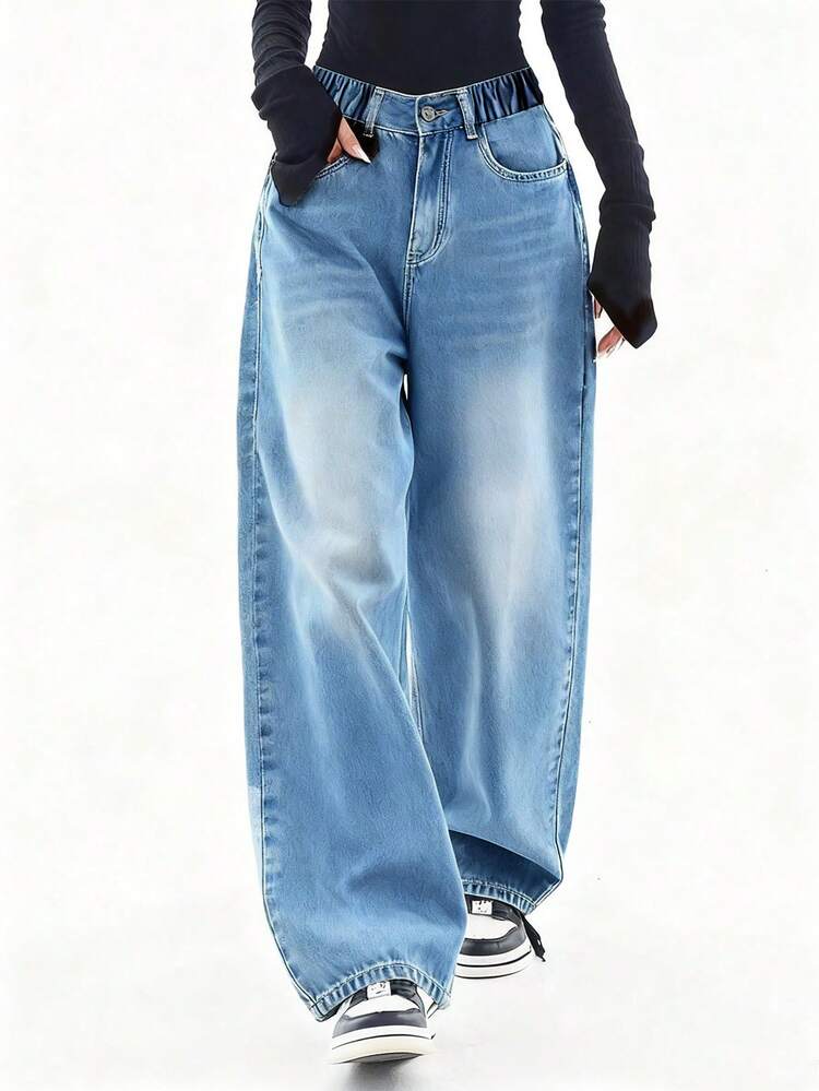 Celana Jeans Denim Washed Model Lurus Longgar Gaya Kasual Amerika untuk Remaja Perempuan - Dusty Blue - View 1