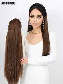 Diadema de cabello sintético con extensiones rectas largas con trenzas retorcidas, color marrón claro, accesorio de peluca mitad natural - Multicolor - Ver 7