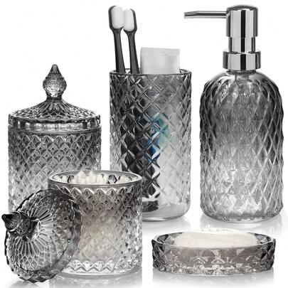 5-Piece Glass Bathroom Accessories Set | Complete Set With Soap Dispenser, Soap Dish, Toothbrush Holder, Tumbler & Qtips Holder