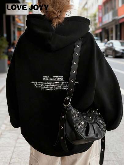 ملابس علوية هوديي فضفاضة كاجوال من الفليس للنساء، مطبوع عليها حرف، كتف منسدل، جيب كنغر، ملابس علوية بولوفر عصرية، أسود أكمام طويلة، عنصر جديد للعودة إلى المدرسة، مناسب للخريف/الشتاء، الحرم الجامعي، الاستخدام اليومي، الخارج، الركض، الحفلات