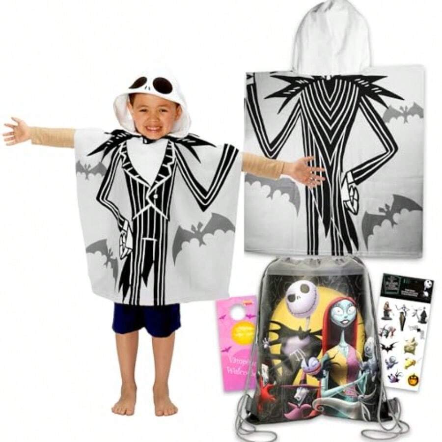 WSXC Nightmare Before Christmas Hooded Towel Travel Set For - Bundle Bath Towel Poncho Plus Travel Bag Stickers More Nightmare Before Christmas Bathroom Set - Khăn tắm JackSkellington - Xem 1