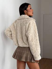 Plus Size Women Chic New Cream Color Faux Shearling Short Jacket,Women Collared Fluffy Warm Jacket,Women Outerwear,Perfect For Commuting, Vacations, Travel, Thanksgiving, Christmas, New Year Outfits - Apricot - View 6