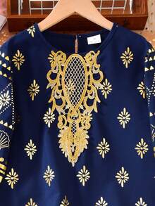 Vihyde 1pc Tween Girls' Festival Long Robe, Navy Blue With Gold Foil Geometric Pattern Trim Collar, 3/4 Sleeve Robe - Navy Blue - View 7