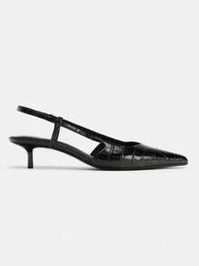 Women's Black High Heel Sandals, Alligator Embossed Low Heel Pumps - Black - View 2