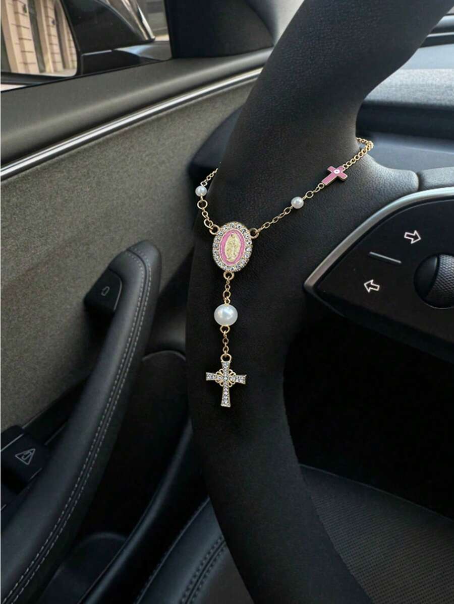 1 Stück Auto Hängedekoration - Mehrfarbig, Perlakzent, mit Diamanten besetzt, ovaler Anhänger, verstellbare Kette: Stilvolles Auto-Accessoire (kann auch als Armband & Taschenanhänger verwendet werden) - Verschiedenfarbig - Übersicht 1