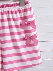 2pcs/Set Girls Casual Striped Bow Decor Short Sleeve Top And Shorts Set, Summer - Pink - View 9