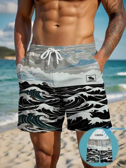 メンズ夏用プリントパターン ドローストリング ウエスト斜めポケット ハワイアン クイックドライ ダブルレイヤーメッシュライニング ショーツ、3Dオーシャンウェーブプリント、ファッショナブルなカジュアルビーチリゾートスイムトランクス