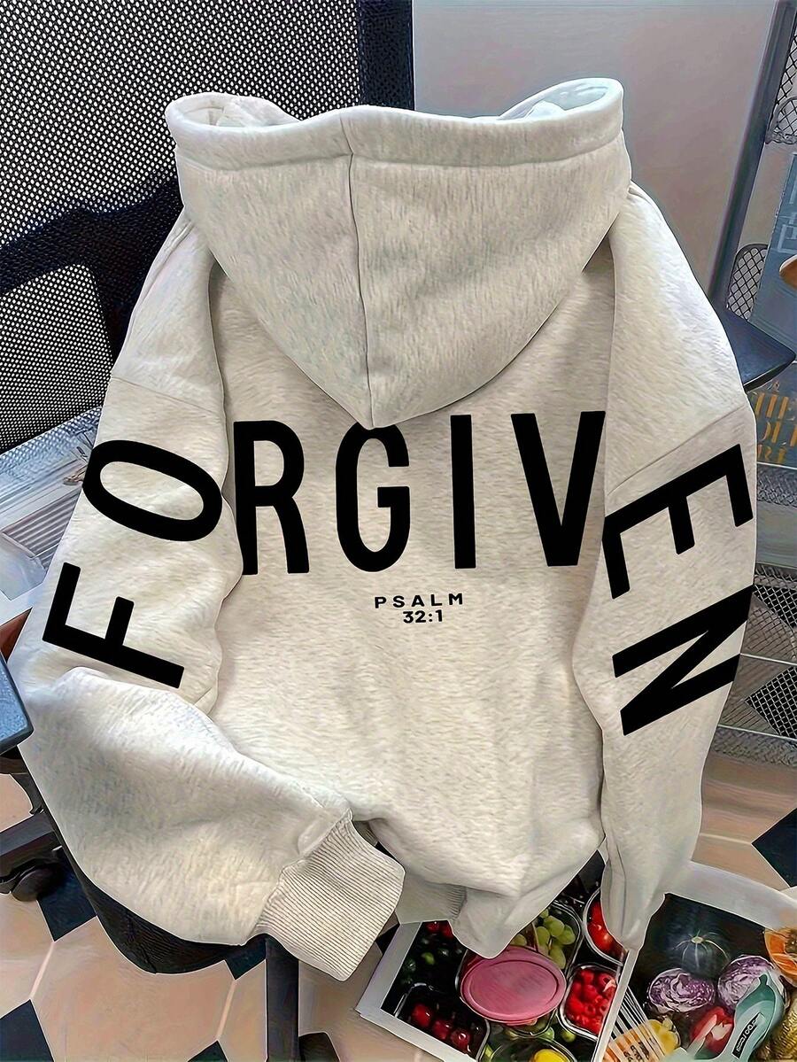 宽恕诗篇基督教耶稣祷告图案卫衣，舒适卫衣，女士秋冬服装，纯色长袖口袋宽松休闲套头卫衣 - 淺灰色 - 查看 1