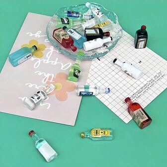 9 件微型玩具屋小瓶子、童话花园酒吧、仿真酒树脂瓶、DIY 工艺配件装饰、迷你品牌玩具、酒吧推车小饰品、花园玩具