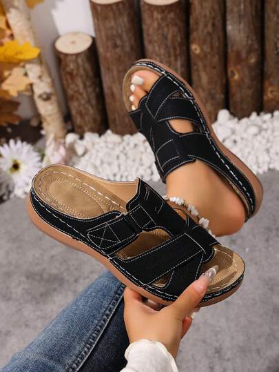 hanxiangyuzu Women's Comfortable Leather Slip-On Slippers, New Fashionable Lightweight Flat Sandals, Retro Casual Walking Slippers, Solid Color