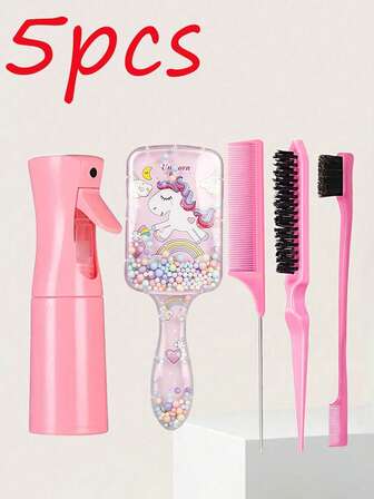5/3pcs Hairbrush Set Includes A Long-Handled Silicone Scalp Massage Brush, A Unicorn Cushion Massage Brush, A Pointed Tail Brush, And A Spray Bottle - Clean, Comb, And Massage Hairbrush With Soft Silicone Bristles, Suitable For Home Use, All Hair Types, And Travel. ,Hair Tool Kit ,Hair Styling Kit