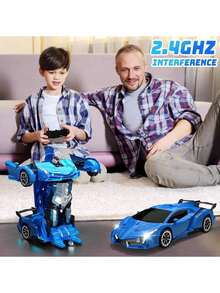 Ultimate 2-In-1 Transformable RC Car: 2.4GHz One-Touch Deformation Robot & 360° Spin Drifting, LED Flashing Lights & Music Effects, All-Terrain 4WD With Rechargeable Battery– Ideal Christmas/Birthday Toy Gift For Boys Age 3-12 (Blue) - Blue - View 2