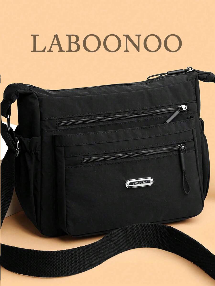 Casual Nylon Shoulder Bag With Adjustable Strap, Multi-Compartment, Solid Color, Zipper Closure, Polyester Lining, Lightweight And Convenient Crossbody Bag For Daily Use - Black - View 1