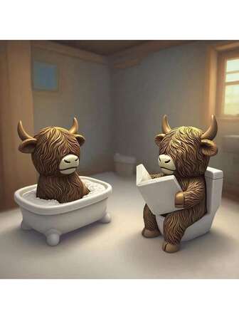 Decoración divertida para el baño - Estatua de cubo de inodoro de vaca de las tierras altas leyendo un libro, decoración de estilo granja para el baño, resina para oficina en casa o regalo, sin necesidad de electricidad, diseño humorístico, detalles texturizados, perfecto para el Día de Acción de Gracias, regalo de cumpleaños divertido