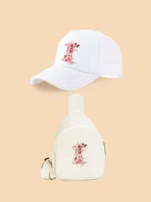 2件套女童白色26字母粉色玫瑰卡车帽套装，时尚可爱轻便遮阳帽，适合作为生日/节日礼物，适合春夏户外活动、登山、上学、玩耍 - 白色 - 查看 34