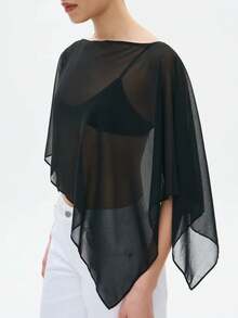 Women's One-Shoulder Sheer Mesh Poncho Asymmetrical Lightweight Shawl See Through Cover Up Top - màu đen - Xem 4