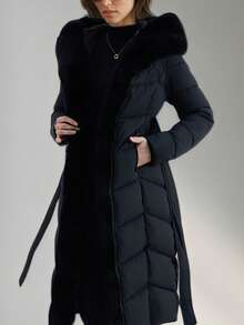 Women's Long Threaded Winter Coat With Faux Fur Hat - Warm Winter Outdoor Wear With Self-Locking Fit - Black - View 2