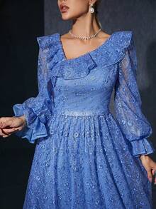 High-End Evening Gown With A One-Shoulder Ruffled Collar And Long Sleeves Embroidered Lace. - Blue - View 4