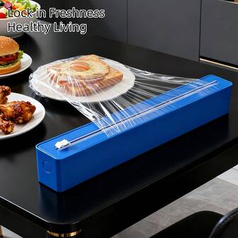 1件套彩色经典厨房保鲜膜升级套装，包括铝箔和保鲜膜切割器、保鲜膜切割器架、垃圾袋，方便厨房使用，以及塑料袋收纳架。