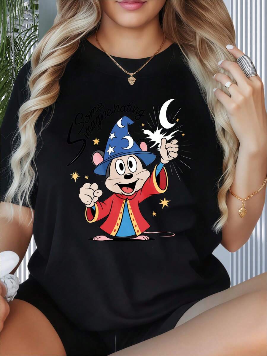 Some Snaggnhating Mickey Mouse Wizard T-Shirt Cartoon Magic Design Unisex White TopWomen's T-Shirt With Round Neck And Short Sleeves, Disney Theme Fun Printing, Suitable For Christmas Partysports Activitiesholiday PartiesoutingsNew Year Gift Sports And Other Holiday Gifts (220g). - 黑色 - 查看 1