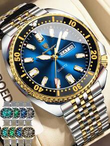 POEDAGAR 1件装时尚男士不锈钢防水夜光石英表，带旋转表圈，奢华双日期显示，商务男士腕表，适合工作场合，男士礼品 - 銀色 - 查看 12