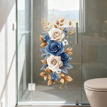 1/3pcs Elegant Blue-Beige Rose-Patterned Glass Door Sticker, Reusable PVC Waterproof Electrostatic Adhesive Sticker, Suitable For Bathroom Shower Room Glass Door Decoration, Living Room And Bedroom Windows, And Home Decoration Accessories. - Multicolor - View 4