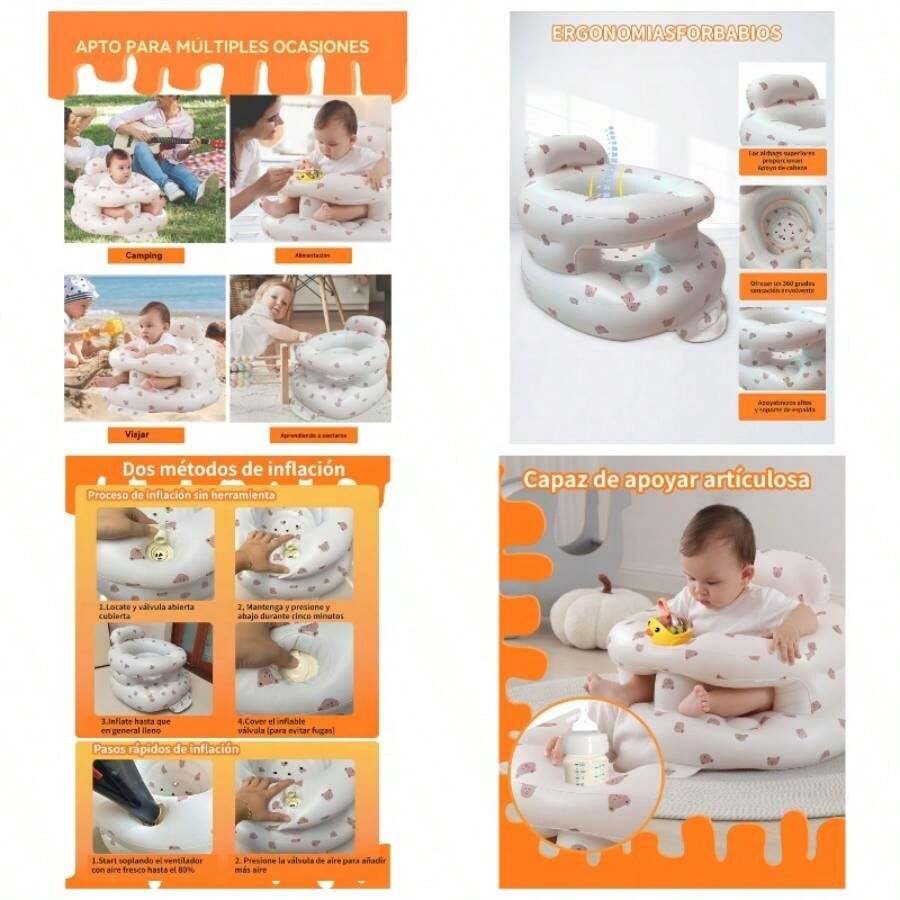 Asiento Inflable Circundante para Bebs de 3 a 36 Meses, Asiento Tipo Bumbo con Bomba de Aire Incorporada y Bandeja, Silla para Bebs Capaz de Soportar Peso Osos - óseo - Ver 1